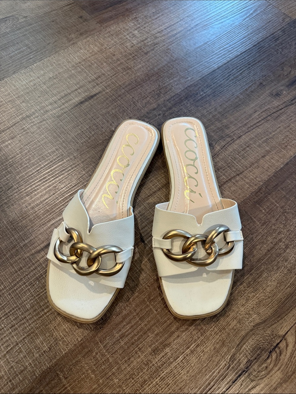 CCOCCI Ivory Slide Sandals with Gold Chain Accent